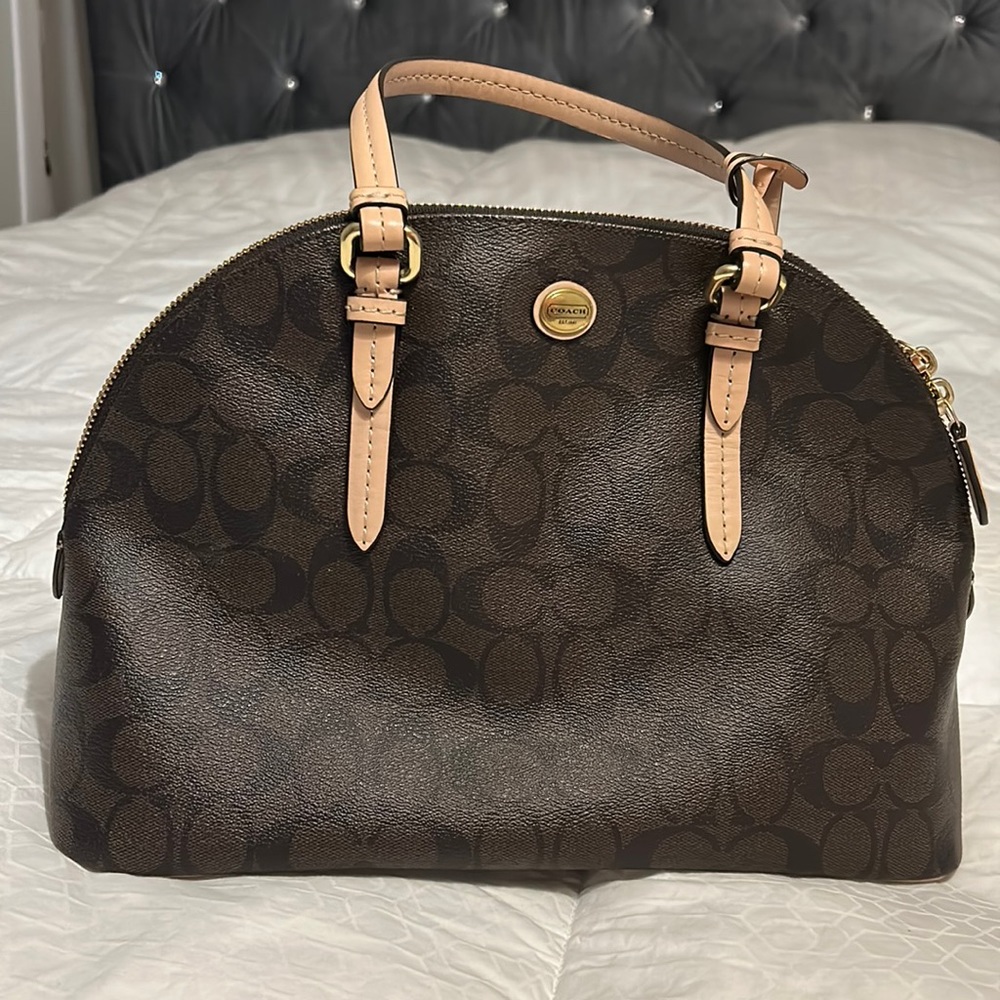 Coach Brown and Tan Signature Satchel with Dual Handles